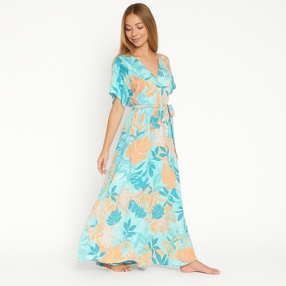 Anthropologie Aakaa A-line FLORAL Maxi, Peach/Teal,Womens Large